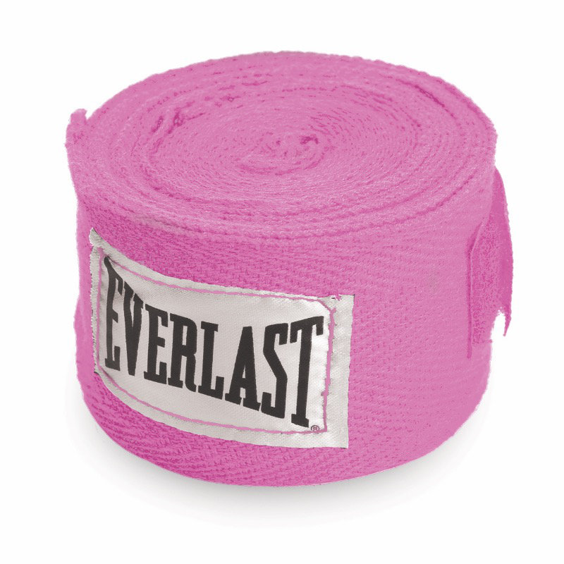 Dette er en sammenrullet håndpakning fra Everlast. Håndpakning er rosa med everlast logo på siden.